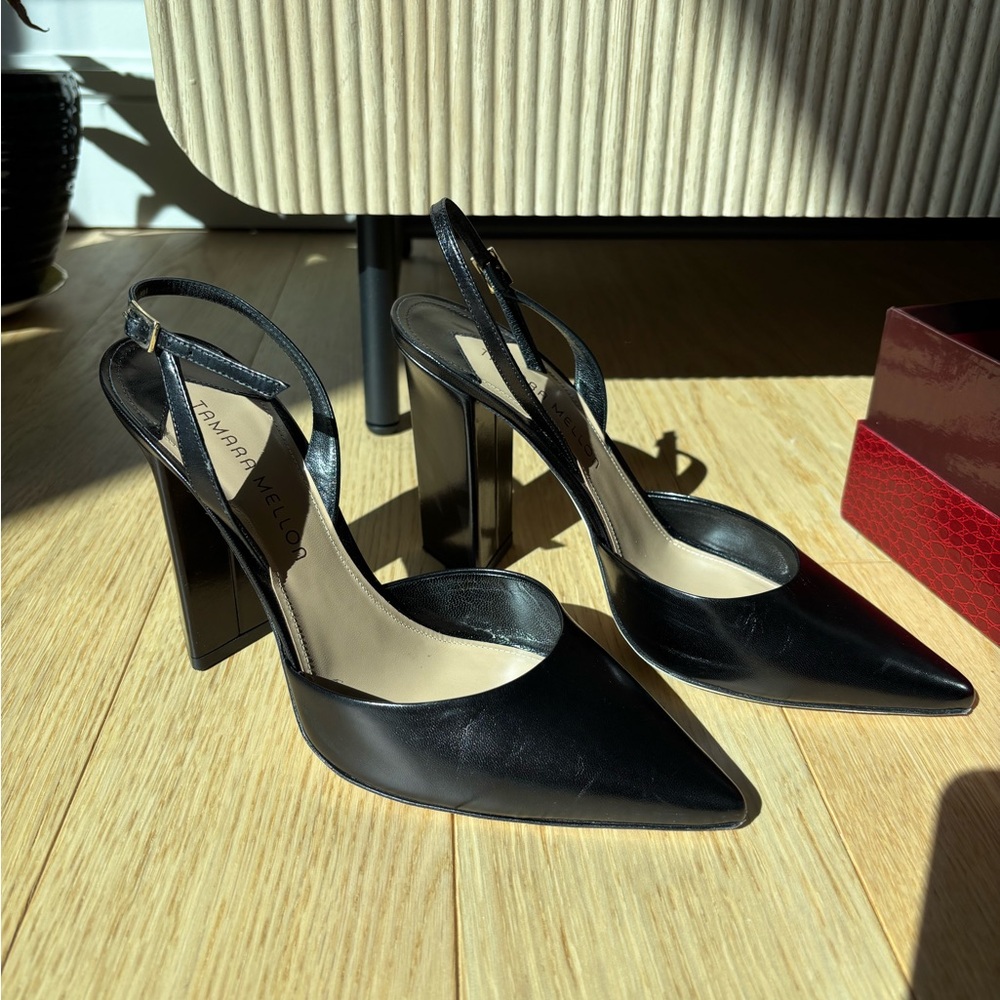 Tamara Mellon Black Kidskin Liaison Slingback Pumps 105mm Heels EU 39.5